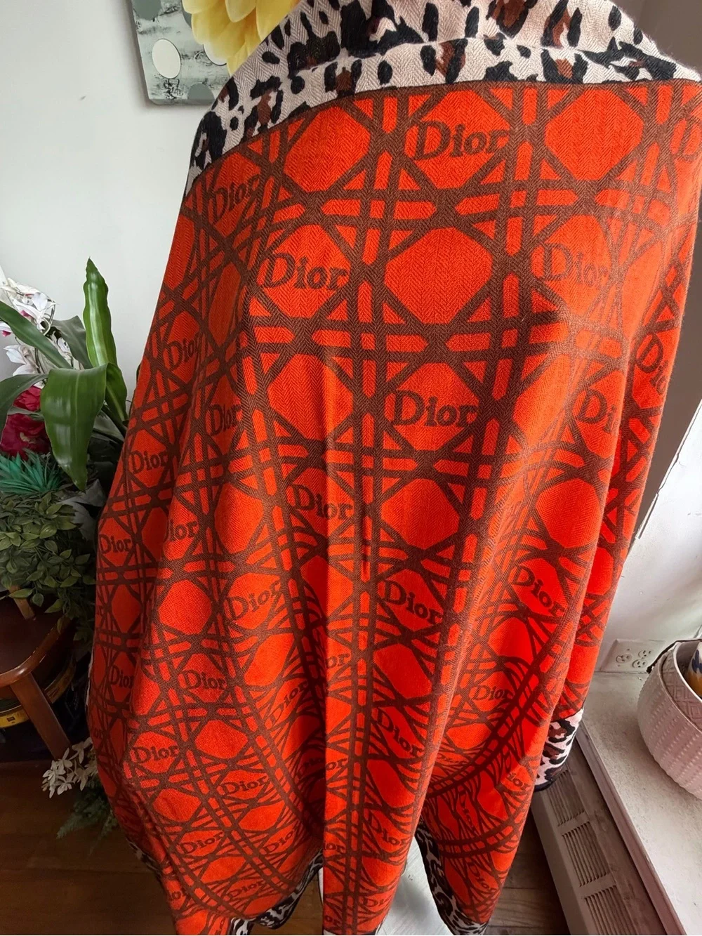 Dior Orange and Brown Logo Pattern Wool/Silk/Cashmere blend Scarf.